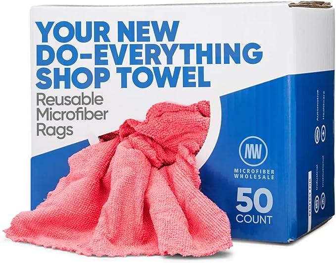 Microfiber Wholesale Shop Towels MWipes Reusable Red Shop Rags | 50 Rags in a Box (400 Count) | Super Absorbent, Machine Washable Hundreds of Times | Automotive, Paint, Industrial, Detailing - ModernBath