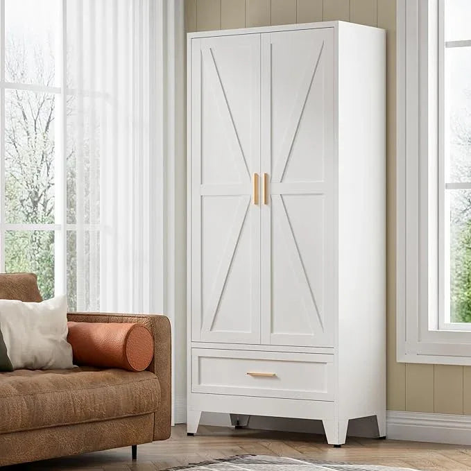 COFaR Metal Storage Cabinet, Farmhouse Storage Cabinet with 2 Doors and 4 Adjustable Shelves - 71" White Kitchen Pantry Storage 5-Tier Tall Steel Cabinets Locker for Kitchen, Living Room, Dining Room - ModernBath