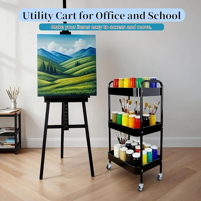 3 Tier Rolling Storage Cart for Kitchen Storage & Laundry Room Organization, Large Capacity Metal Utility Cart on Wheels and 4 Hooks for Art Lash Craft Bedside, Sturdy Nursery Organizer, Black - ModernBath
