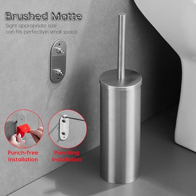 Brushed Stainless Steel Toilet Brush and Cover, No-Punch Hook Base Dual Purpose Toilet Brush Holder with Removable Inner Bucket and Splash Cover - Soft Bristles (Brushed) - ModernBath