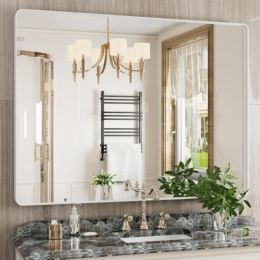 JISOSO White Bathroom Mirror 48x36 Inch, White Metal Framed Bathroom Mirror for Wall, Rounded Rectangle Matte Bathroom Vanity Mirror, Tempered Glass, Anti-Rust, Horizontal/Vertical - ModernBath