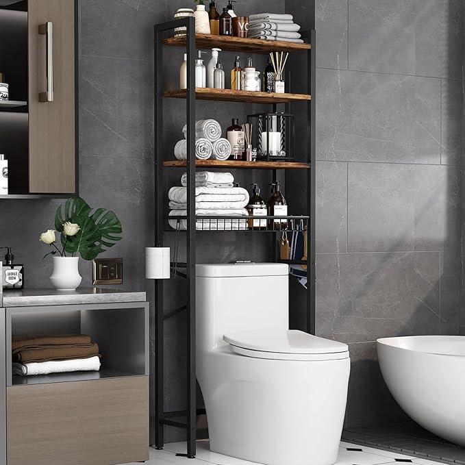 Over-The-Toilet Storage Rack, 4-Tier Bathroom Organizer Shelf Over Toilet with Adjustable Shelf and Basket, Freestanding Space Saver Bathroom Shelves Above Toilet for Room (Vintage Brown) - ModernBath