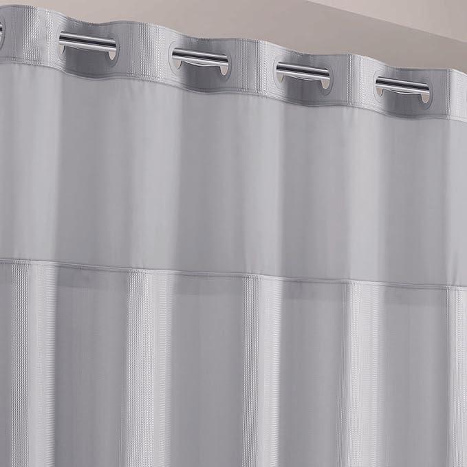 Hookless It’s A Snap! Waffle Stripe Shower Curtain, 2-in-1 Shower Curtain Includes Fabric Shower Curtain with Sheer Top Window and Flex-On Rings, Liner Compatible, 71” x 74”, Light Grey - ModernBath