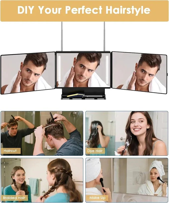 Dripex 3 Way Mirror with Storage Shelf and 3 Color LED Lights, Rechargeable Trifold Self Haircut 360° Mirror with Height Adjustable Hooks for Makeup, Styling, Shaving, Braiding, Dye Hair (Black) - ModernBath
