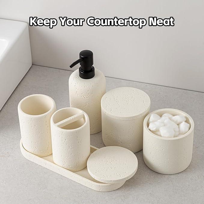 WUUAHOME Bathroom Accessories Set, Travertine Stone-Look, 6 PCS Bathroom Accessory Set with Soap Dispenser, Toothbrush Holder, Tumbler, Vanity Tray, Cotton Swab Jars for Countertop (Off White 6 PCS) - ModernBath