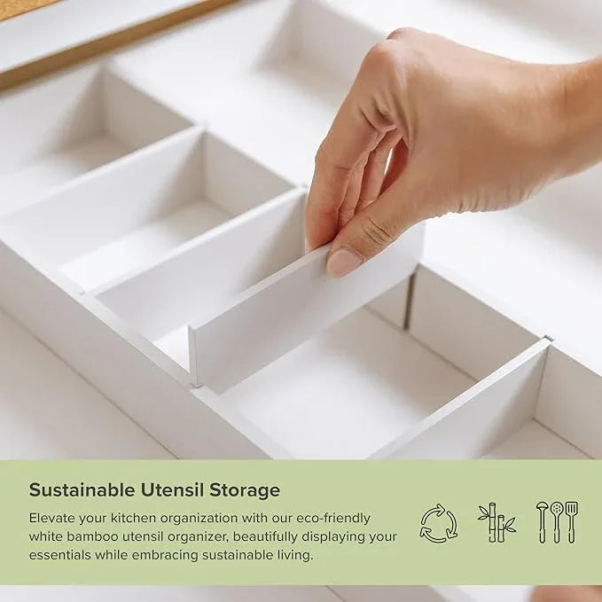 KitchenEdge Adjustable Kitchen Drawer Organizer for Utensils and Junk, Food-Safe Contract Grade with 100% Sustainable Wood, Expandable from 19 to 33 Inches Wide - White Bamboo - ModernBath