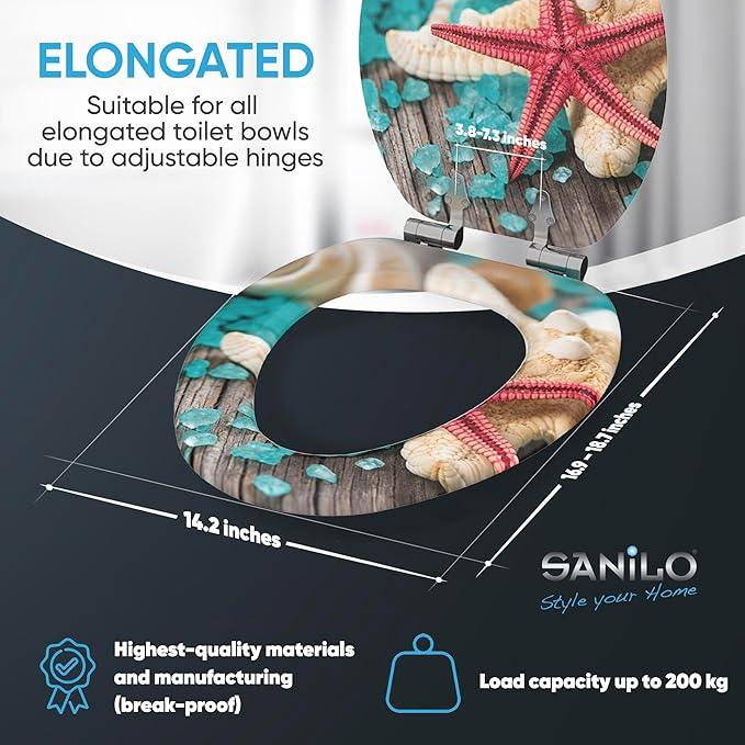 SANILO Wooden Toilet Seat with Soft Close [ELONGATED] - Decorative, Quiet & Slow Close Molded Wood Seat - With Strong Bumpers & Hinges - Adjustable Fit - Bath Salt - ModernBath
