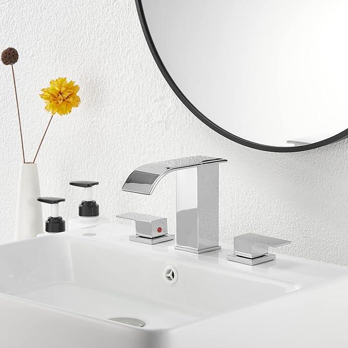 Waterfall Widespread Bathroom Faucet Chrome GGStudy 3 Holes 2 Handle Modern Bathroom Sink Faucet with Pop Up Drain - ModernBath