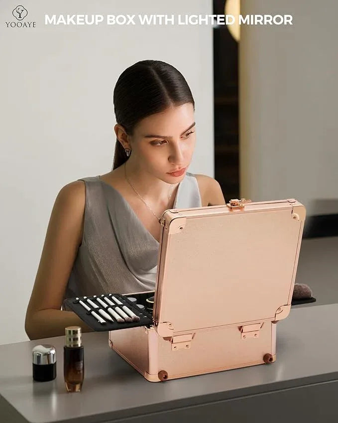 Yooaye Makeup Box with Detachable Lighted Mirror–Travel Train Case, Cosmetic Storage Organizer & Makeup Suitcase with Adjustable Dividers & Magnetic LED Mirror (Rose Gold) - ModernBath