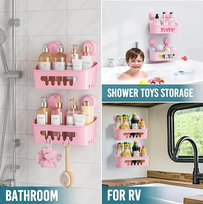 TAILI Shower Caddy Suction Cup 2 Pack, Heavy Duty Bathroom Organizer, Removable Shelves for Inside Shower, Shampoo, Waterproof Suction Plastic Storage for Bathroom Accessories Holder, Pink - ModernBath
