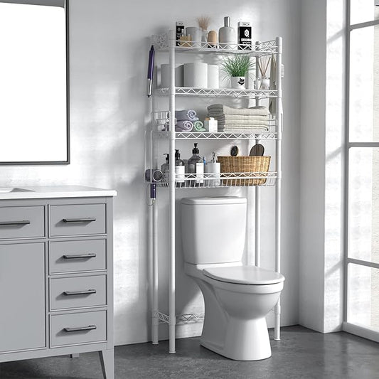 Hodonas Over The Toilet Storage, Adjustable Bathroom Organizer Shelves Space Saver Over Toilet, Sturdy 4 Tier Above Toilet Storage Rack, Freestanding Over-The-Toilet Storage Shelf, White