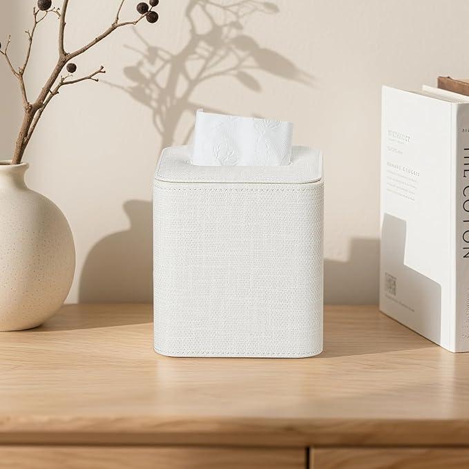 Cretkhp Square Tissue Box Cover with Magnetic Closure, Modern PU Leather Tissue Box Holder for Bathroom Vanity Countertop Night Stands Bedroom Office Desk, Stylish Cube Tissue Holder (Cream) - ModernBath