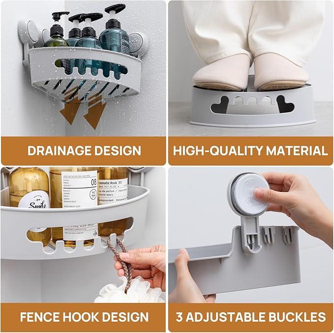LEVERLOC Corner Shower Caddy Suction Cup, shower shelves suction cup, 2 Pack Basket Powerful Bathroom, Waterproof & Oil-proof Organizer for Kitchen, No-Drilling Removable (Grey) - ModernBath