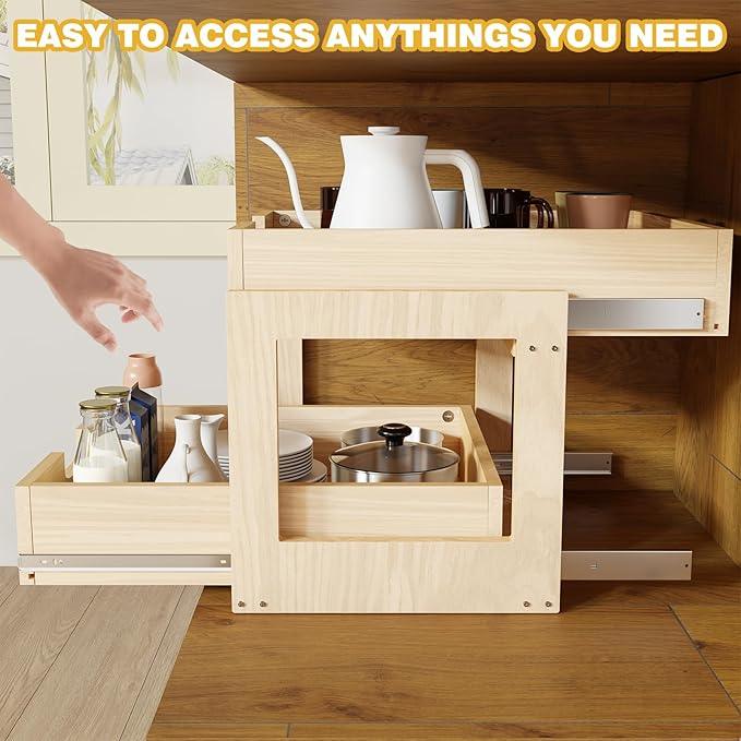 Pull Out Cabinet Organizer, 17''W×21''D×16''H Soft Close Slide Out Wooden Pull out Drawers, Double Tier Slide out Wood Cabinet Organizer, for Base Cabinet Organization in Kitchen, Pantry, Bathroom - ModernBath