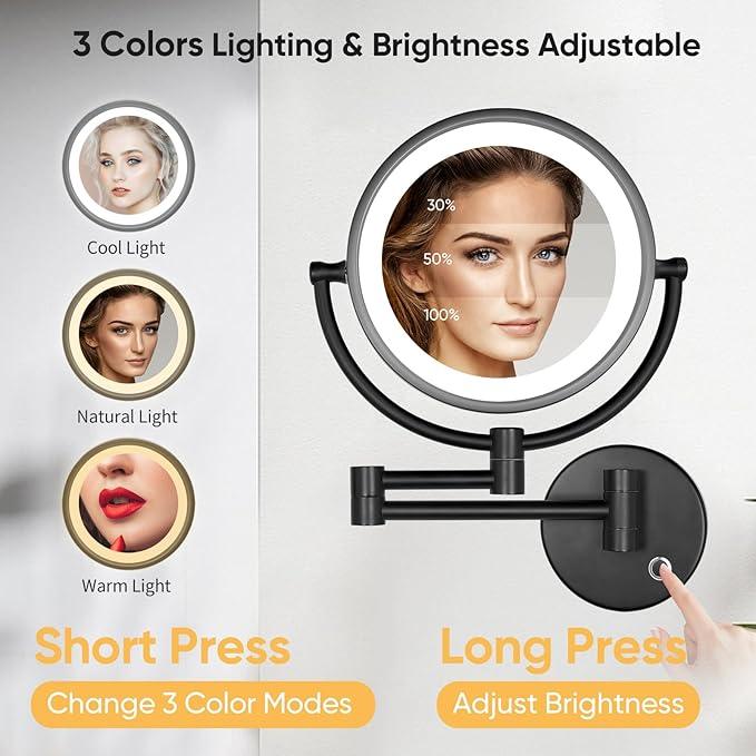 GURUN 8.5 Inch Magnifying Makeup Mirror with 3 Dimmable LED Lights Double Sided Touch Control Vanity Mirror for Bathroom with 10X Magnification Black Finish M1809D(Black/10X) - ModernBath