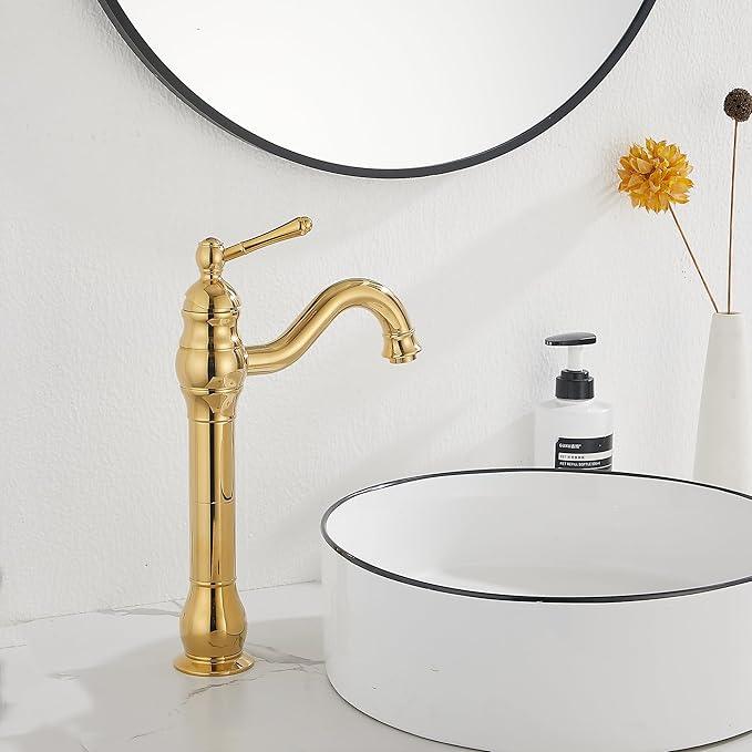 GGStudy 360 Swivel Single-Handle One Hole Bathroom Vessel Sink Faucet Matching Pop Up Drain Polished Gold Farmhouse Vanity Faucet - ModernBath