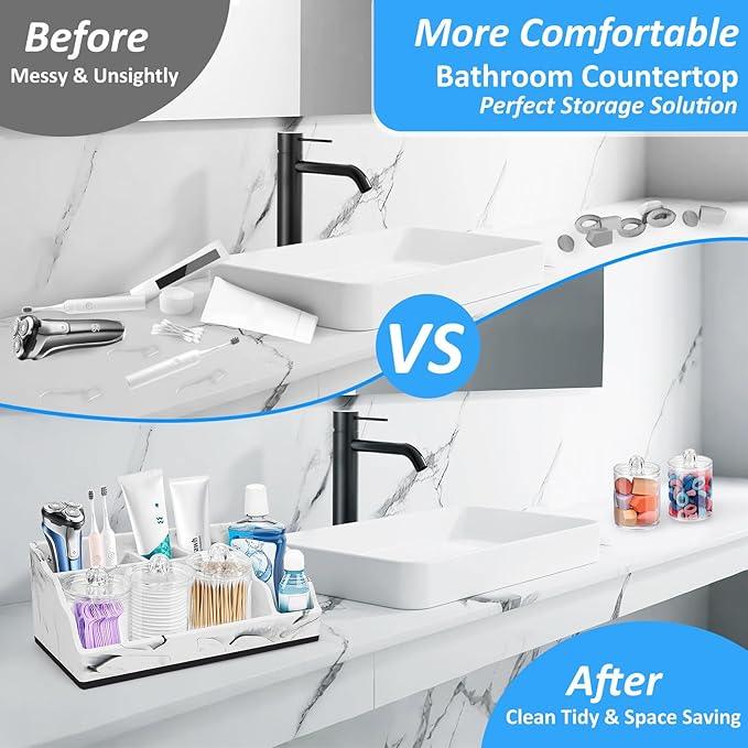 MSBRCH Bathroom Organizer Countertop, White Marble Toothbrush Holders for Bathrooms with 3PCS Qtip Holder Dispenser, Toothbrush and Toothpaste Holder for Bathroom Counter Organization Storage Vanity - ModernBath