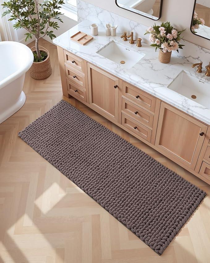 DEXI Bathroom Runner Rugs 24x60, Non Slip Washable Long Bath Mat, Luxury Chenille Super Absorbent Ultra Thick Bathmats for Shower Floor, Plush Fluffy Shaggy Carpet for Tub, Brown - ModernBath