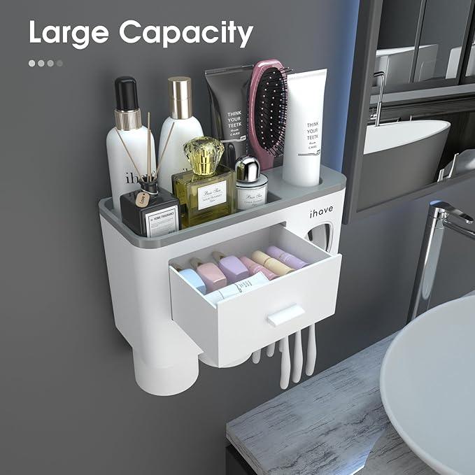 iHave Toothbrush Holders for Bathrooms, 2 Cups Toothbrush Holder Wall Mounted with Toothpaste Dispenser - Large Capacity Tray, Cosmetic Drawer - Bathroom Decor & Bathroom Accessories - ModernBath
