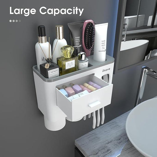 iHave Toothbrush Holders for Bathrooms, 2 Cups Toothbrush Holder Wall Mounted with Toothpaste Dispenser - Large Capacity Tray, Cosmetic Drawer - Bathroom Decor & Bathroom Accessories - ModernBath