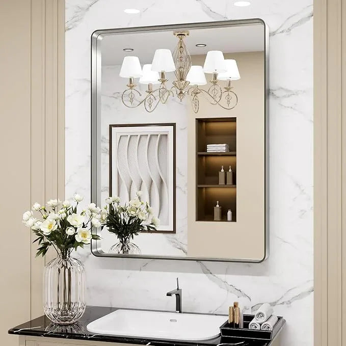 LOAAO 22X30 Inch Brushed Nickel Bathroom Mirror, Rounded Rectangle Silver Metal Frame Mirror, Brushed Nickel, Anti-Rust, Hangs Horizontally or Vertically - ModernBath