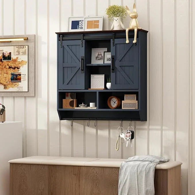 RUSTOWN Farmhouse Bathroom Wall Cabinet,3-Tier Rustic Wood Wall Mounted Cabinets,Vintage Medicine Cabinet with Sliding Barn Door and Adjustable Shelves,Over The Toilet Storage Cabinet (Navy Blue) - ModernBath