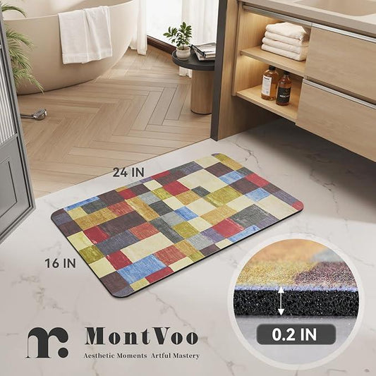 MontVoo -Bath Mat-Non Slip Thin Bathroom Rugs Fit Under Door- Quick Dry Absorbent Faux Suede Surface Grey Bathroom Floor Mats-Shower Rug for in Front of Bathtub Shower Retro Colors Plaid 16x24 - ModernBath