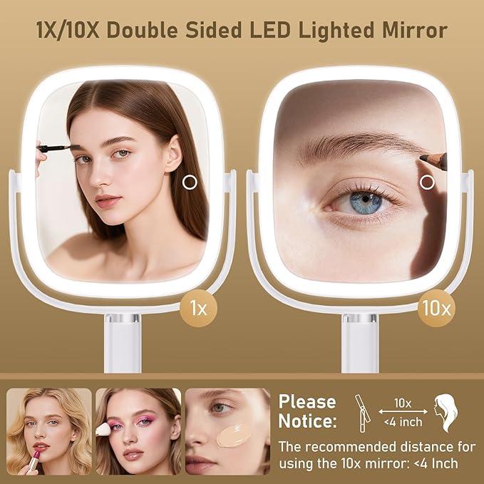 FRANO Vanity Mirror with Lights, Rectangular Lighted Makeup Mirror with 3 Color Lights, 1X/10X Magnification, Adjustable Height, 360° Rotation, 4000mAh Rechargeable for Desk, Gifts for Women - ModernBath