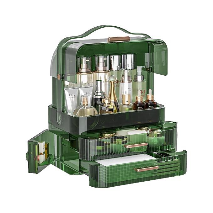 LINFIDITE Cosmetics Storage Box Transparent Lid Large Makeup Organizer Box Drawers Portable Handle Waterproof Dustproof Skincare Display Cases for Countertop, Bathroom, Dresser,Gift Clear Green - ModernBath