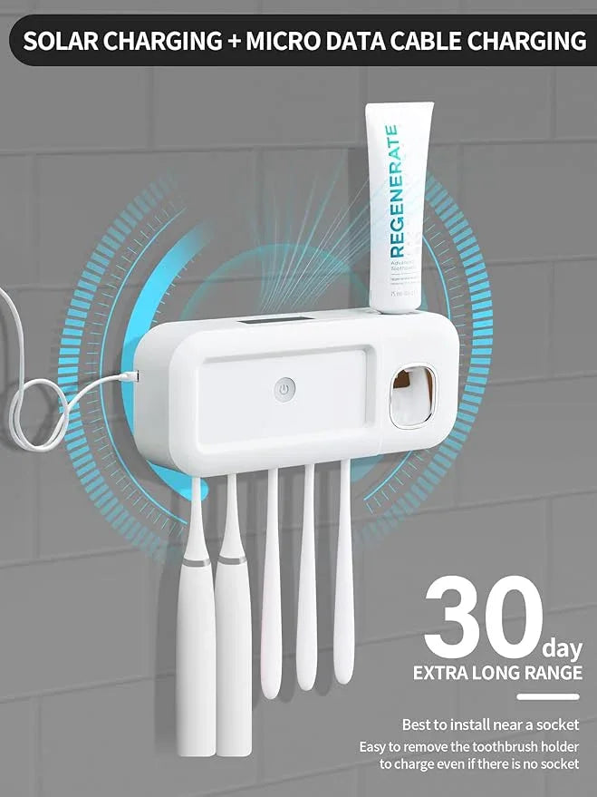 Toothbrush Holder Wall Mounted Timerable Toothbrush Holders with Automatic Toothpaste Dispenser 1200mAh Toothbrush Holders for Bathrooms, Solar Charging, 5 Toothbrush Slots - ModernBath