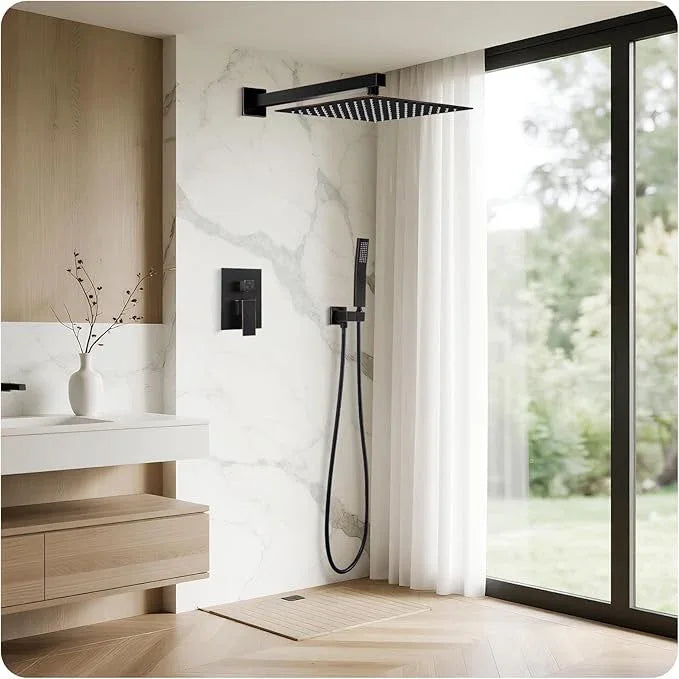 RNDIOZD ORB Shower Faucet Set, 10 inch Rain Shower System with Pressure Balance Valve, Wall Mounted 2-Functions Bathroom Shower Systems with Rain Shower and Handheld Spray Shower Trim Included - ModernBath