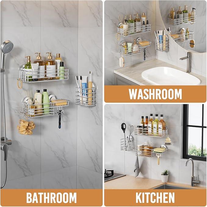 LEVERLOC Shower Caddy Suction Cup, 3 Pack Heavy Duty Bathroom Organizer For Inside Shower With Hooks & Soap Holder, Removable Bathroom Organizer, Rustproof Silver Holder Storage Storage,Silver - ModernBath