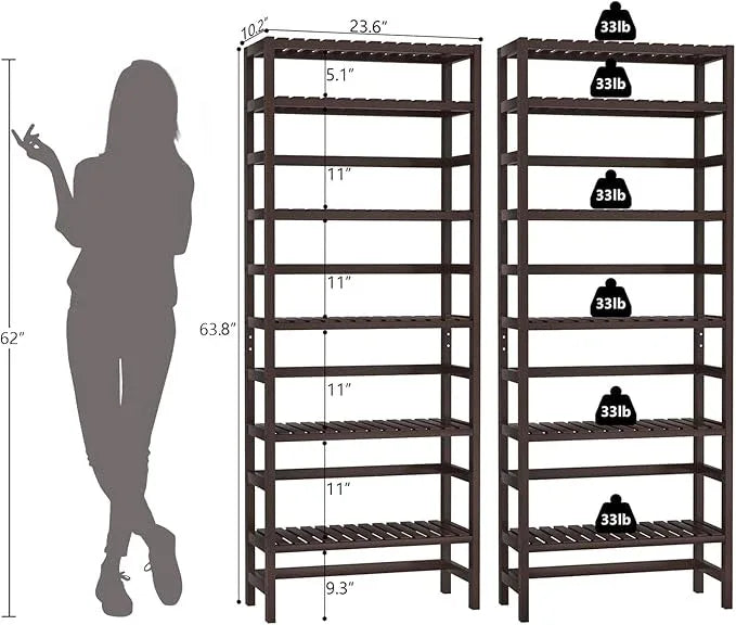 Homykic 6-Tier Bamboo Bookshelves and Bookcases, Adjustable 63.4”Tall Shallow Book Shelf Organizer Rack, Freestanding Storage Shelving Unit for Living Room, Kitchen, Bathroom, Office, Espresso - ModernBath