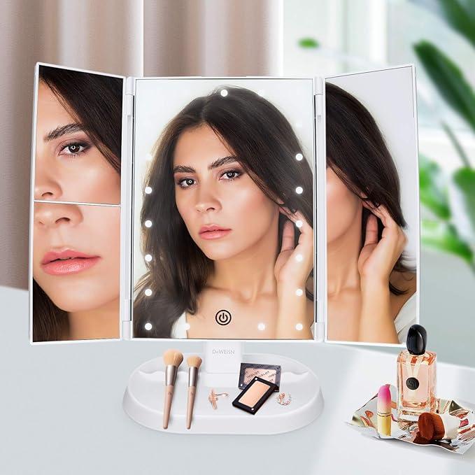deweisn Trifold Lighted Vanity Makeup Mirror with 21 LEDs Lights,1x/2x/3x Magnification and Touch Screen Dimming,Two Power Supplies Makeup Mirror, Gift for Women - ModernBath