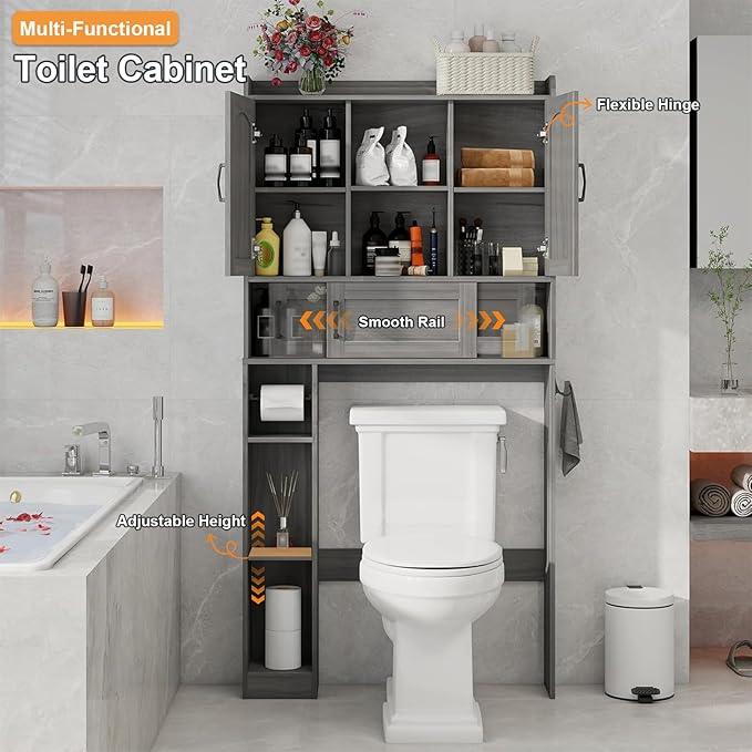Vabches Farmhouse Over The Toilet Storage Cabinet with 2 Barn Doors & Sliding Door, Over The Toilet Bathroom Organizer with Open Storage Layer and Adjustable Shelves & Hooks.Grey - ModernBath