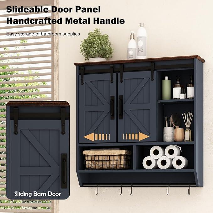 RUSTOWN Farmhouse Bathroom Wall Cabinet,3-Tier Rustic Wood Wall Mounted Cabinets,Vintage Medicine Cabinet with Sliding Barn Door and Adjustable Shelves,Over The Toilet Storage Cabinet (Navy Blue) - ModernBath