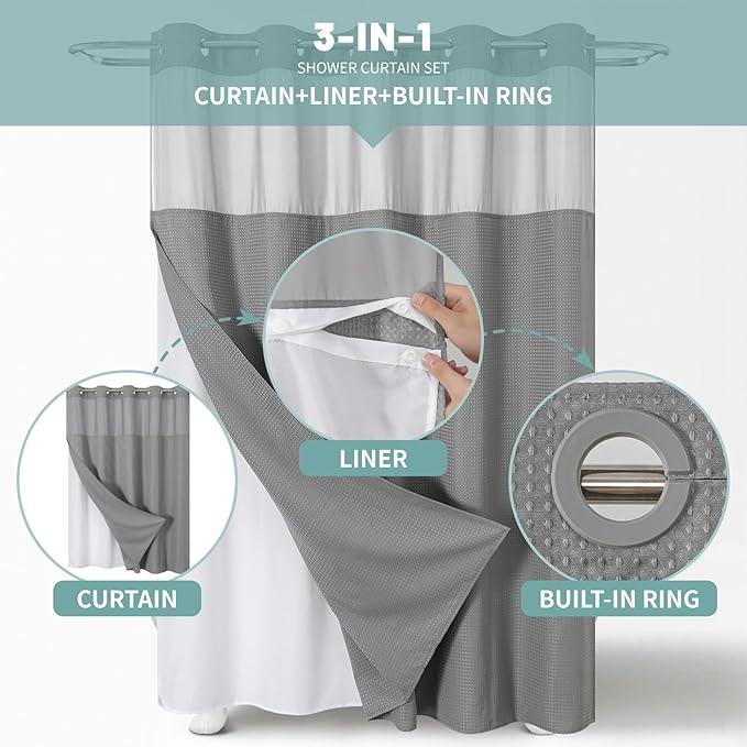 eachope Grey No Hook Waffle Weave Shower Curtain with snap-in Liner Replacement, 230GSM Waterproof Fabric Hotel Shower Curtain Set for Bathroom, Through Mesh Top Window,71Wx74H - ModernBath