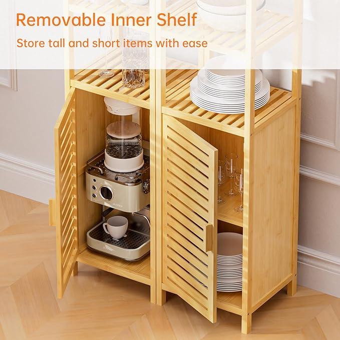 HITNET Bathroom Floor Cabinet, 6 Tier Tall Thin Linen Tower Storage Cabinet Free Standing Bamboo, Kitchen Side Organizer with 3 Shelves and Cupboard, Natural - ModernBath
