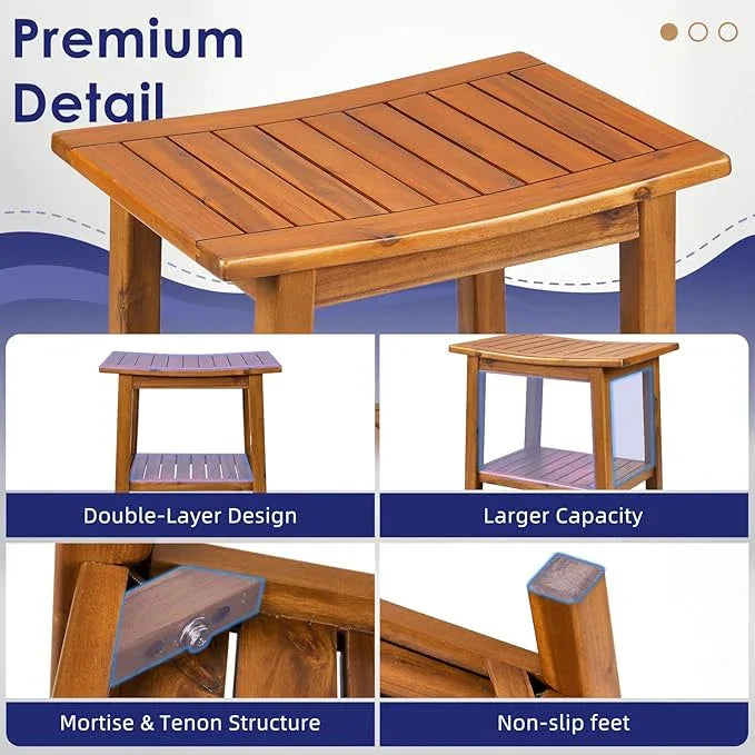 Upolana Teak Shower Bench, 20" Solid Wood Shower Stool Waterproof Shower Seat with Storage Shelf for Bathroom, Indoor & Outdoor Use - ModernBath