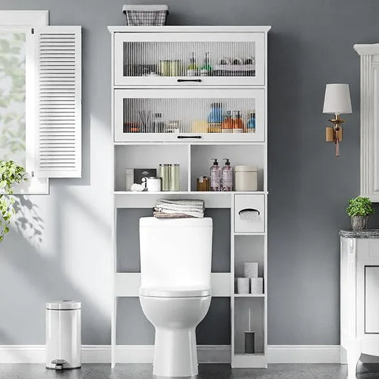 Over The Toilet Storage Cabinet with Transparent Door, Toilet Paper Storage Cabinet with Multi Layer Shelves Suitable for Bathroom, Laundry Room, Freestanding Bathroom Storage Rack,White - ModernBath