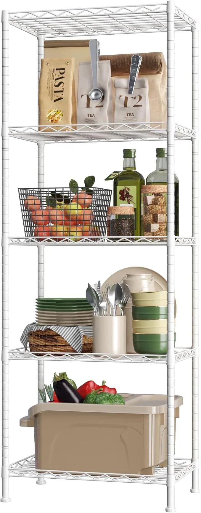 HOMEFORT 5-Shelving Unit, Adjustable Wire Shelving, Metal Wire Shelf Rack Organizer for Kitchen, Pantry, Closet, Bathroom, Laundry, White,21" W x 11" D x 53" H - ModernBath