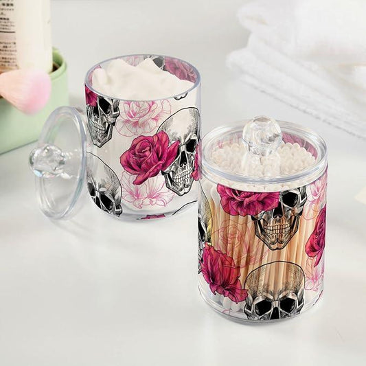 BOENLE 2 Pack Qtip Holder Dispenser Skull Rose Flower Bathroom Storage Canister Lid Acrylic Plastic Apothecary Jar Set Vanity Makeup Organizer for Cotton Swab/Ball/Round Pads, Floss - ModernBath