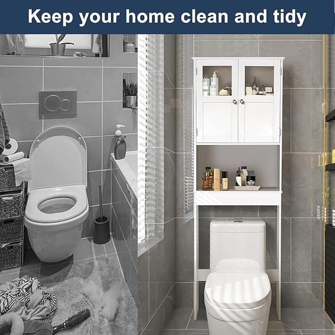 VINGLI Over The Toilet Storage Cabinet White Bathroom Storage Organizer Above The Toilet Shelf with Acrylic Glass Double Doors Wood Muebles para BañO Rack with Adjustable Shelf - ModernBath
