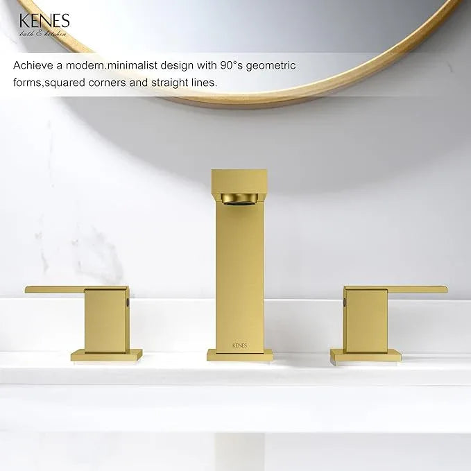 KENES Brushed Gold Widespread Bathroom Faucet 2 Handle Bathroom Sink Faucets 3 Hole, Gold 8-Inch 3 Pieces Vanity Lavatory Faucet with Supply Lines, KE-9050-4 - ModernBath