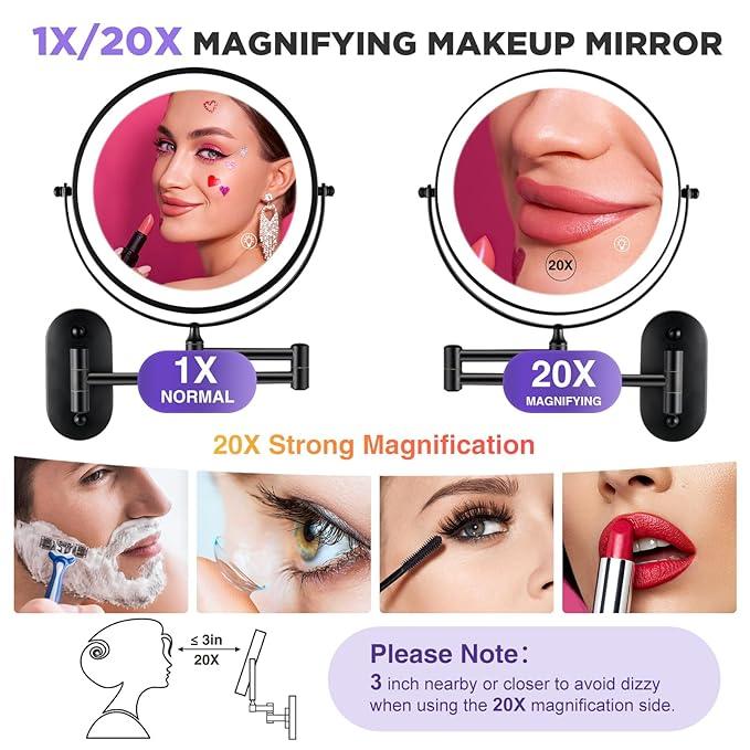 VORREMIRR Wall Mounted Makeup Mirror: 1x/20X Magnifying Mirror with Light, 8.5" Double Sided Lighted Makeup Mirror with Magnification, Vanity Mirror for Bathroom, Brush Black - ModernBath