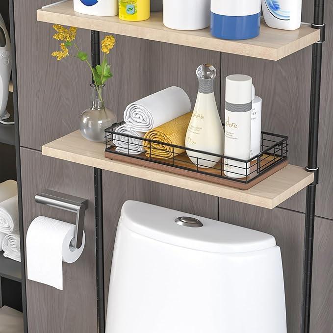 JNFUZ Acacia Toilet Paper Basket, 13 Inch Tank Tray Top of Toiletries Storage Organizer for Bathroom, Living Room and Kitchen (Acacia & Black) - ModernBath