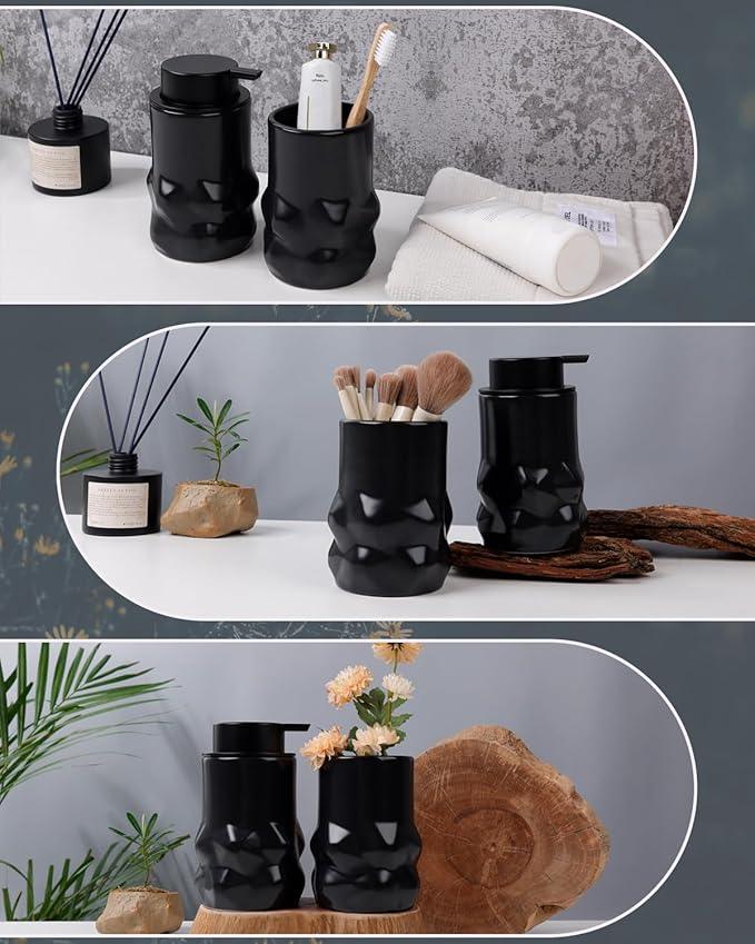 BosilunLife Hand Soap Dispenser - Foam Soap Dispenser Bathroom Ceramic Dish Liquid Soap Dispenser for Kitchen, Bathroom Countertop Soap Dispensers (Black-Foam-Sculpt) - ModernBath