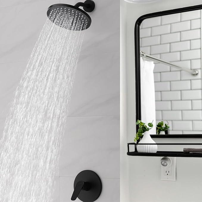 Lavatrum Mate Black Shower Head and Handle Set Single Spray Premium Wall Mount 8 Inch Rainfall Round Shower Faucet with Rough-in Valve and Trim Kit for Bathroom（1.8GPM) - ModernBath