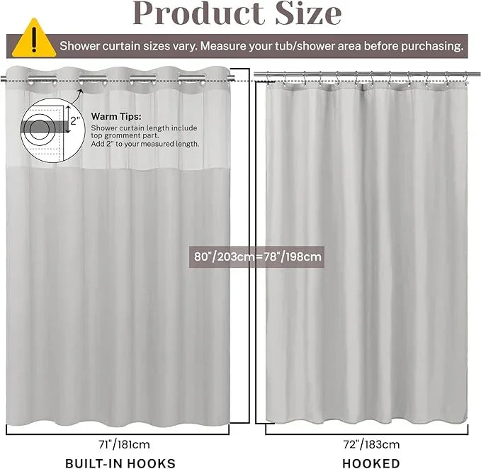 SORTTO No Hook Slub Textured Shower Curtain with Snap in Liner - Light Grey Fabric Outer Curtain & Waterproof Inner Liner, Hotel Style with See Through Top Window, 71x80 in - ModernBath