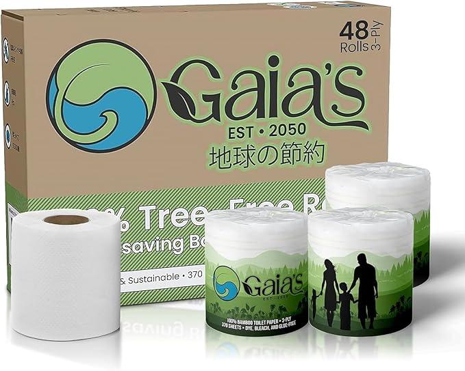 Gaias Premium and Soft Organic Bamboo Toilet Paper | 48 Mega Rolls, 3 Ply, 370 Sheets | FSC Certified, PFAS & BPA Free, Eco-Friendly, Sustainable Tissue - Plastic Free, Septic Safe, Vegan - ModernBath
